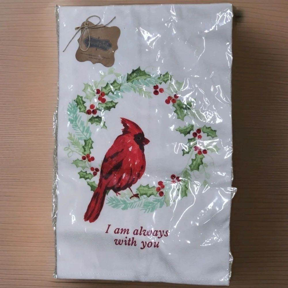 Mud Pie “Always With You” Cardinal Christmas Wreath Kitchen Towel NWT